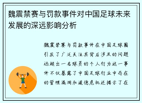 魏震禁赛与罚款事件对中国足球未来发展的深远影响分析