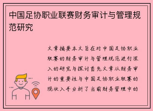 中国足协职业联赛财务审计与管理规范研究